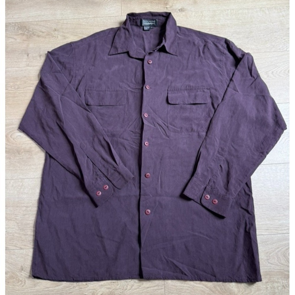 EUC Mens Bernini vintage 100% silk long sleeve purple button up pockets size L